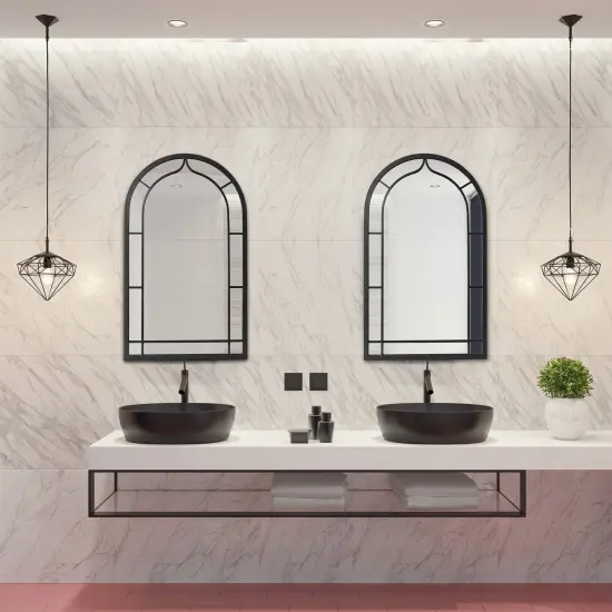 Set of 2 33"H Modern Arched Black Metal Decorative Wall Mirror Bathroom Living Room {1}