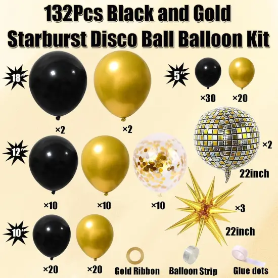 Black and Gold Balloon Garland Arch Kit with Gold Starburst Balloons Disco Ball Foil Balloons, Gold Confetti Latex Balloons for Graduation Anniversary Birthday Party Decorations {2}