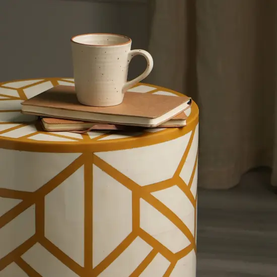 Mustard & White MDF Resin Side Table with Semi-Gloss Finish -15" x 15" x 21" {3}