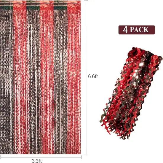 4 Pack 3.3x6.6 ft Red and Black Foil Fringe Backdrop Curtains - Wavy Tinsel Streamers Birthday Birthay Decorations, Fringe Backdrop for Graduation, Xmas, Disco Party {4}