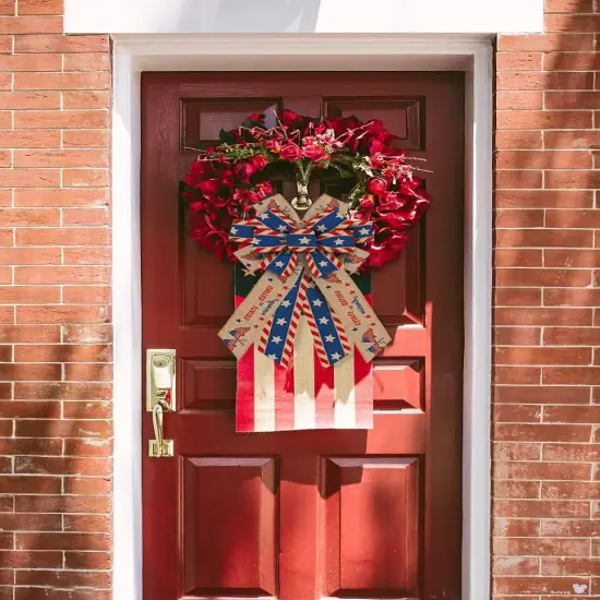 Large 4th of July Patriotic Bows for Wreath, American Flag Wreath Bows Blue Natural Burlap Bows Memorial Day Decorations Tree Topper Bows for Front Door Supplies {5}