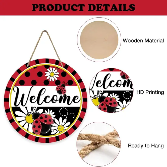Summer Ladybug Front Door Sign, Daisy Flower Red Black Wood Door Hanger Outdoor Outside Porch Decor, Polka Dot Stripes Seasonal Wooden Wreath Indoor Wall Hanging Decoration {3}