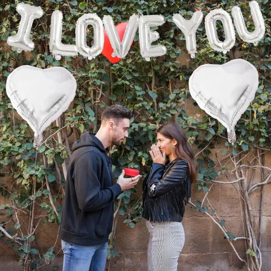 16 Inches Silver 'I LOVE YOU' Balloons Banner - Mylar Letter Balloons with 2 Heart Shaped Foil Balloons for Romantic Decorations, Anniversaries, Engagements, Proposals, and Valentine's Day Decor {4}