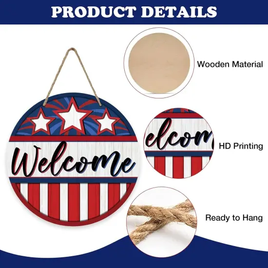 Welcome 4th of July Front Door Sign, Patriotic America Stars Stripes Wood Door Hanger Outdoor Outside Porch Decor, American USA Farmhouse Wooden Wreath Indoor Wall Hanging Decoration {3}