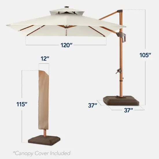 Best Choice Products 10ft Square Woodgrain Pattern 2-Tier Outdoor Solar LED Cantilever Umbrella w/ Base Ivory {2}