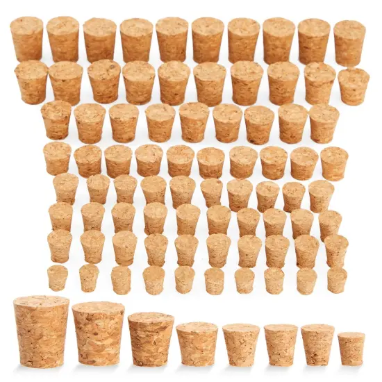 80-Pcs Small Cork Stoppers Assorted Sizes - Mini Tapered Cork Plugs for Wine Bottles, Salt and Pepper Shakers, Crafts (Bulk Pack, 8 Sizes) Brown {1}