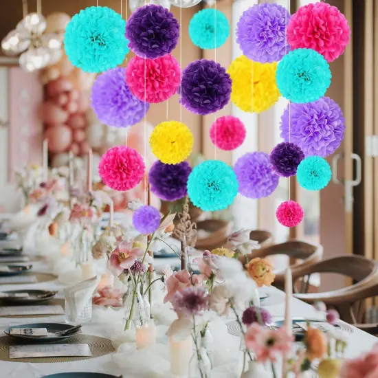 Blue Purple Yellow Rose Pink Tissue Paper Pom Poms Flower Set Decor-30PCS Ideal for Birthday,Bridal Showers,Wedding,Baby Shower Party Decorations (12",10",8",6) {3}