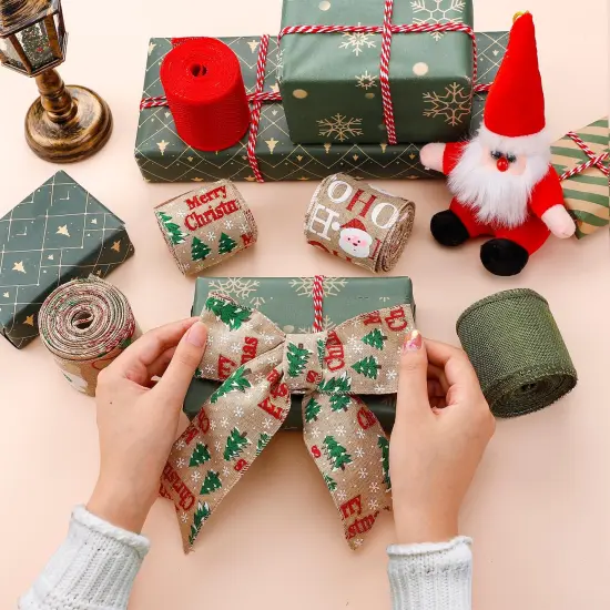 5 Colors Wreaths Burlap Ribbon- Total 27.3yards Christmas Xmas Wired Edge Ribbon for Gift Wrapping Bows Rustic Crafts Supplies Weddings Holiday Decorations - 2.4in Wide {4}