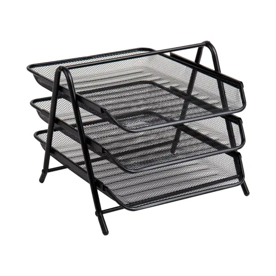 3-Tier Paper Tray, Desktop Organizer, File Storage, Office, Metal Mesh, 11.75"L x 13.75"W x 10"H, Black {3}