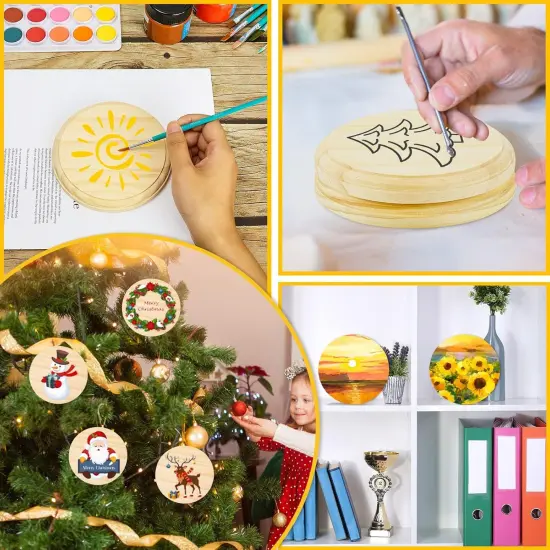 4 Pieces Wooden Round Plaque Unfinished Natural Wood {5}