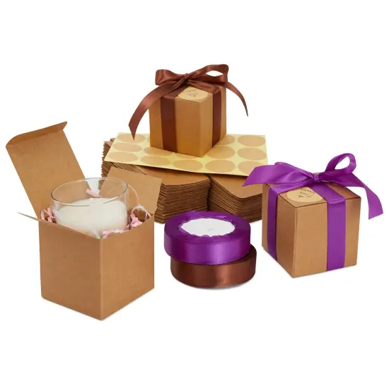 50-Pack Brown Kraft Paper Gift Boxes, 3x3x3-Inch Boxes for Party Favors with 2 Rolls of 72-foot x 0.75-Inch Satin Ribbon in 2 Colors with 50 Round Gold 1.5-Inch Stickers {1}