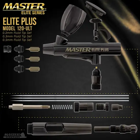 Cool Runner II Dual Fan Air Storage Tank Compressor System Kit with Master Elite Plus Ultimate Airbrush Set with 3 Tips 0.2, 0.3 & 0.5 mm, Case, 2 Cups {3}