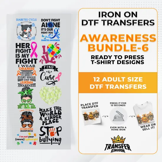 Iron on DTF Transfer Awareness Month Bundle 6 - 12 Best Seller T-shirt Designs Ready To Press {1}