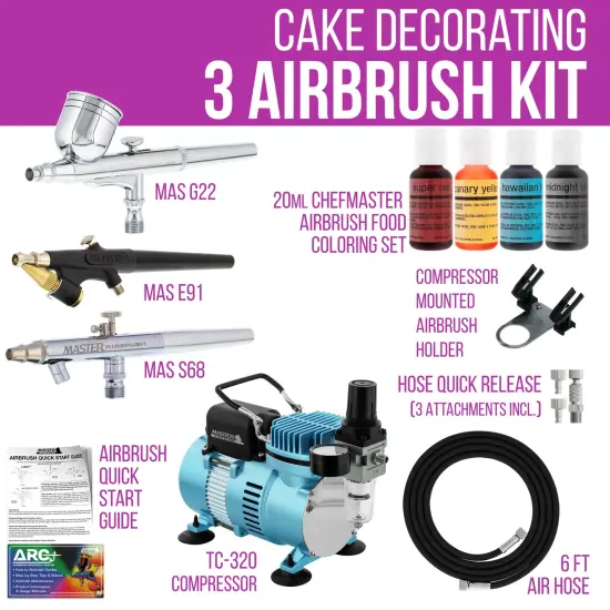 Cool Runner II Dual Fan Air Compressor Cake Decorating System Kit with 3 Airbrushes, Gravity and Siphon Feed, 4 Color Food Coloring Set - How-to Guide {2}