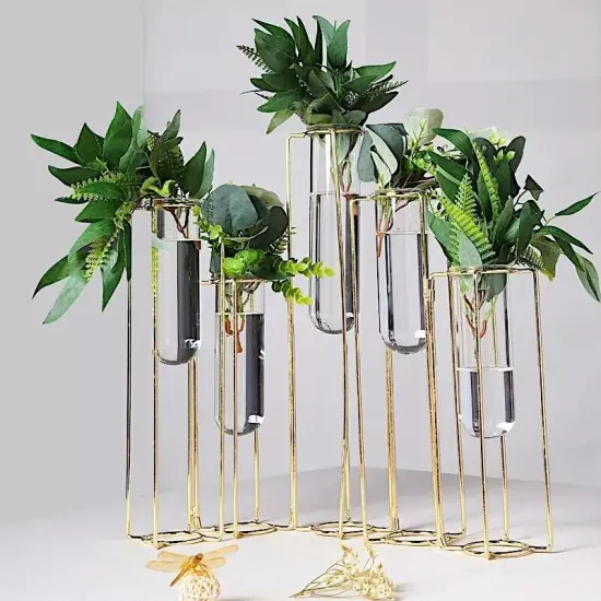 14" long Gold 5 Jointed Geometric Flower Vase Holders with Glass Test Tubes {3}