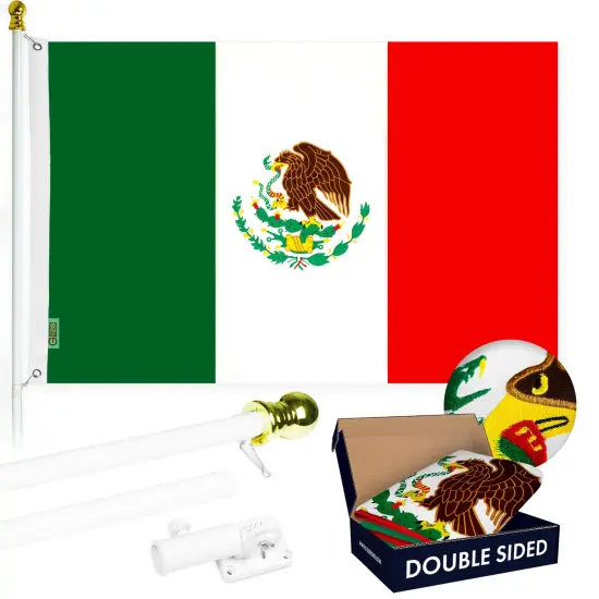 G128 - 5 Feet Tangle Free Spinning Flagpole (White) Mexico Flag Double Sided Brass Grommets Embroidered 2x3 ft (Flag Included) Aluminum Flag Pole {1}