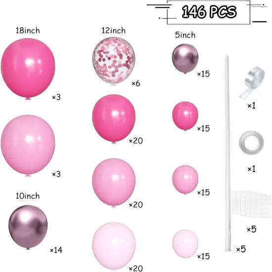 146 PCS Pink Balloon Arch Kit with Confetti (Hot Pink-Pastel Pink) {2}