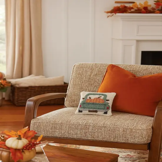 Pumpkin Pickup Truck Hooked Fall Mini Accent Pillow 8" x 8" {3}