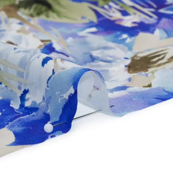 1 Yard Silk Charmeuse Watercolor Floral Italian Made Ultramarine Blue & Olive Green, 53 Inches Width {2}