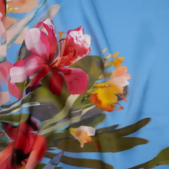 1 Yard Blue Teal Multicolor Silk Charmeuse Print Watercolor Floral Border Made in Italy Width 53" {1}