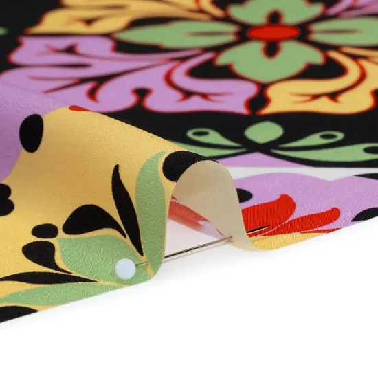 1 Yard Black, Lavenderm & Pale Yellow Floral Tiles Silk Charmeuse Print, 53 Inches Width {3}