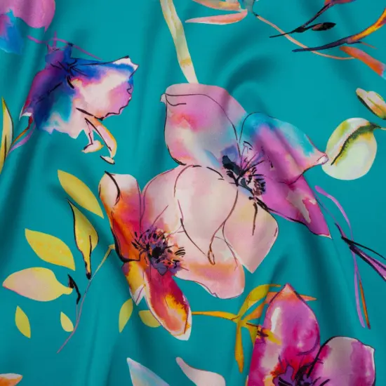 1 Yard Turquoise Pink Multicolor Silk Charmeuse Print Illustrated Watercolor Flowers Made in Italy Width 53" {1}