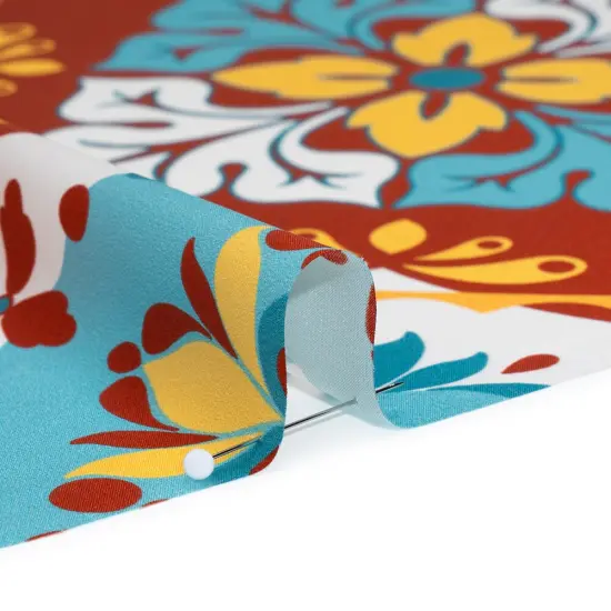 1 Yard Turquoise, Rust Red & Golden Yellow Fancy Floral Tiles Silk Charmeuse 16MM, 53" Wide {2}