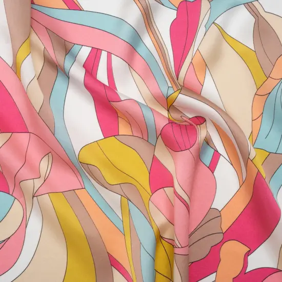 1 Yard Italian Silk Charmeuse Print Fabric Peachy Pink, Sky Blue & Taupe Retro Florals, 53 Inches Width {1}