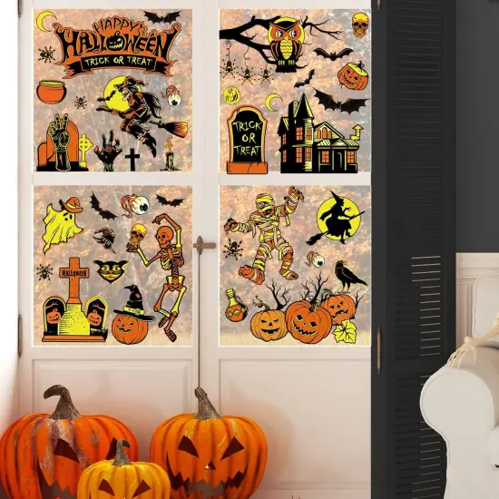9 Sheet Halloween Window Clings Witch Black Cat Pumpkin Ghost Skull {4}