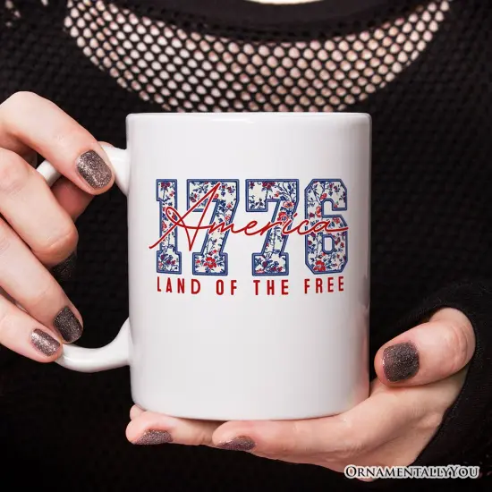 Retro America 1776 Floral Mug, Land of the Free Patriotic Gift {2}
