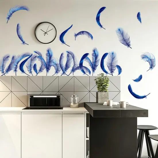 4 Sheets Blue Feather Wall Decals {3}