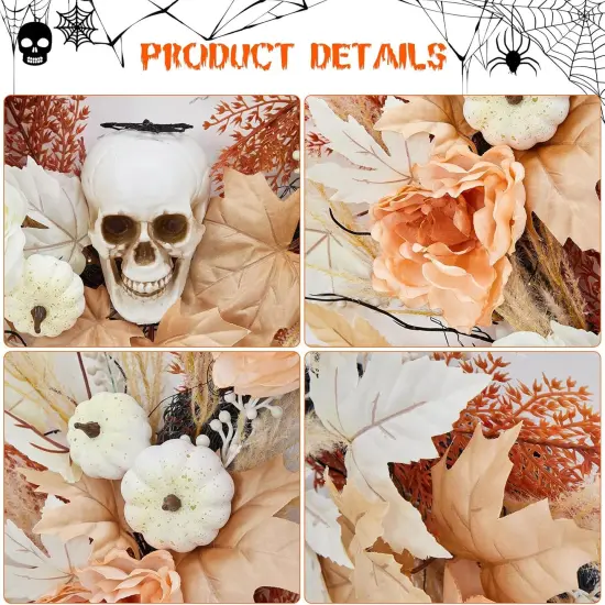 22 Inch Halloween Skull Wreath with Lights, White Pumpkins Roses {3}