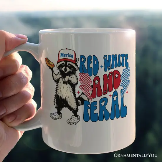 Red, White & Feral Raccoon Mug, Wild Patriot American Gift {1}