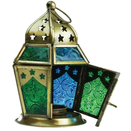 In the Breeze 9209 — Blue & Green Hex Tealight Lantern — Moroccan-Style Boho Chic Tealight Glass and Metal Tabletop Lantern {1}