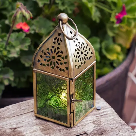 In the Breeze 9202 &mdash; Green Mini Square Tealight Lantern &mdash; Moroccan-Style Boho Chic Tealight Glass and Metal Tabletop Lantern {2}