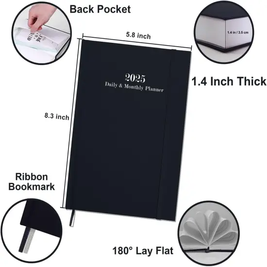 2025 Daily & Monthly Planner - 2025 Daily Planner One Page Per Day from January 2025 to December 2025, Hourly Appointment Book Perfect Organizer Daily Life, Fabric Cover, 5.8'' x 8.3'', Black {2}