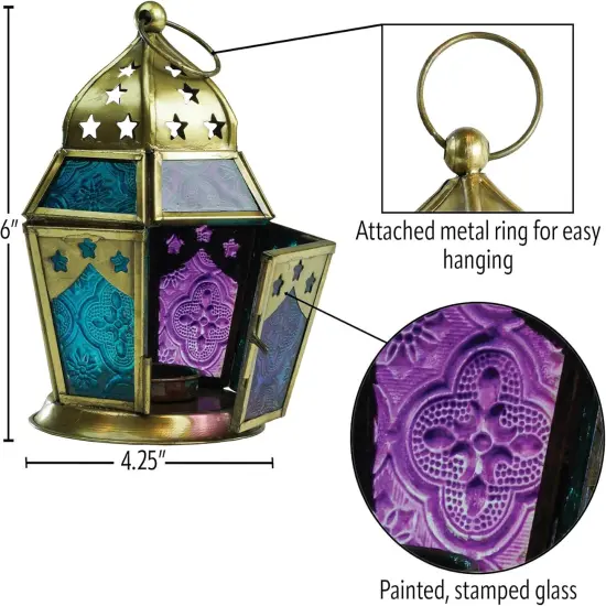 In the Breeze 9210 &mdash;Teal & Purple Hex Tealight Lantern &mdash; Moroccan-Style Boho Chic Tealight Glass and Metal Tabletop Lantern {5}
