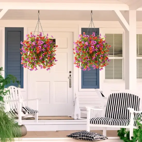 Artificial Hanging Flowers for Outdoors Spring Summer Decoration, 2PCS Silk Fake Daisy Realistic Outdoor Flowers UV Resistant Porch Patio Window Yard Decor(Purple Red) {5}