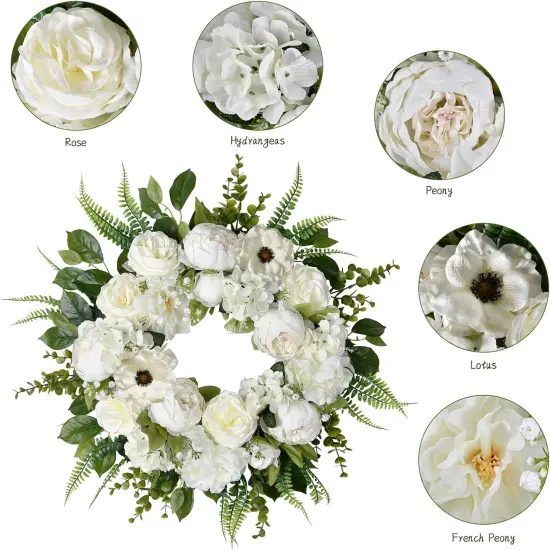 Peony Spring Wreath for Front Door, 20 Inch White Floral Wreath Seasonal Door Wreaths {3}