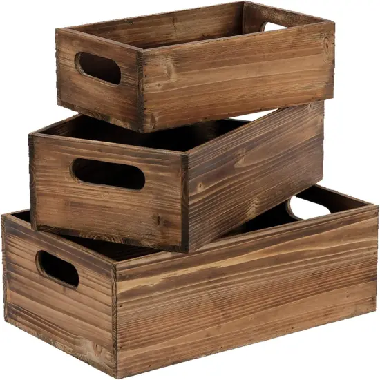 Farmhouse Wood Crate Box Set of 3, Distressed Wooden Crates for Display, Decorative Wood Storage Bins, Rustic Wooden Basket with Side Handles, Home Container Decor for Living Room Outdoor {1}