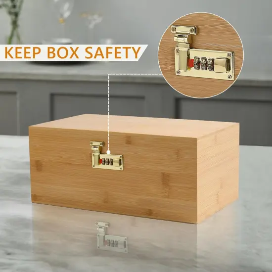Bamboo Storage Box, 13.8" x 8" x 6" Extra Large Wooden Storgae Organizer with Combination Lock, Versatile Storage Contaniers with Adjustable Compartments for Home Office Jewelry Keepsakes {3}