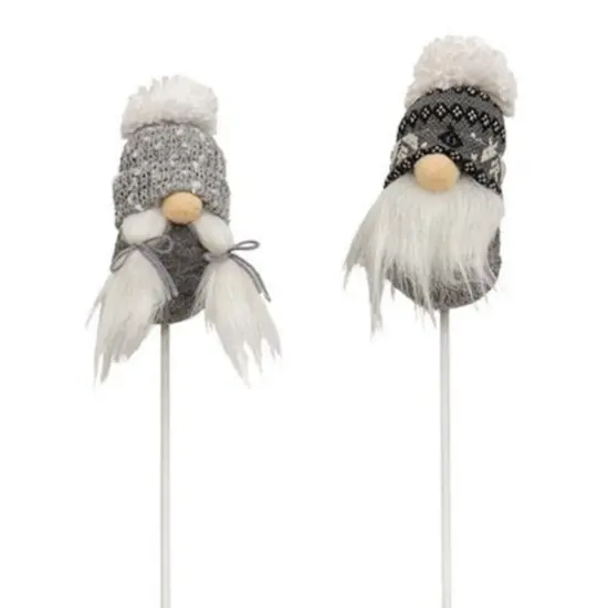 2 Asstd. Winter Gnome Picks with Gray Beanies Christmas Vase Filler Decor {1}