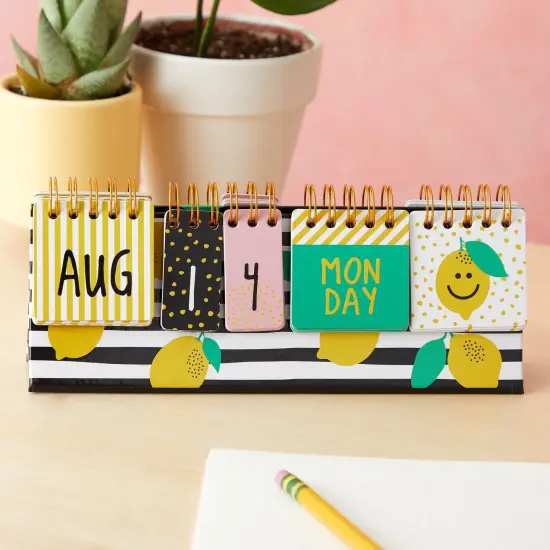 Lemon Perpetual Flip Calendar for Office Desktop, Classroom Supplies, Desk Calendar with Day, Date, and Month Display for Planning, Home, Kitchen Decor (8 x 3.5 Inches) Multicolor {5}