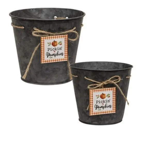 Pickin&rsquo; Pumpkins Galvanized Metal Ornament Buckets &ndash; Set of 2 Decorative Fall Containers with Jute & Wood Accents {1}