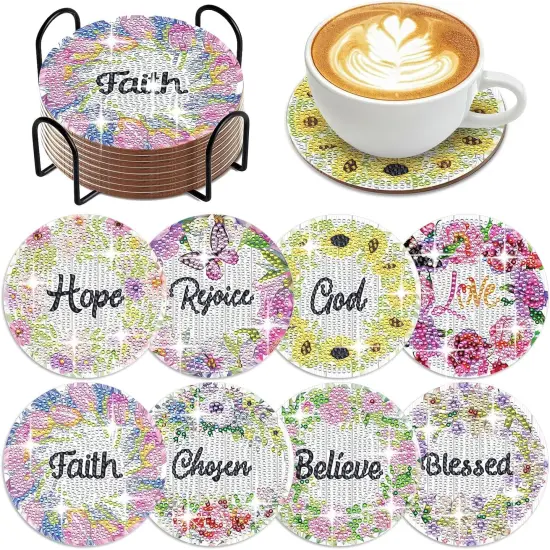8 Pcs Flower Diamond Art Coasters with Holder DIY Bible Verse Diamond Painting Kits for Beginners Adults Craft Supplies Gift {1}
