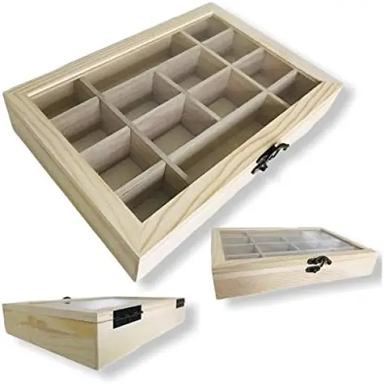 2 Pack Unfinished Wood Classic Box with Hinged Glass Lid for Arts, Crafts, Hobbies, Beads Jewelry and Much More | 14 Compartment Ready to Paint Decorate and Personalize {1}