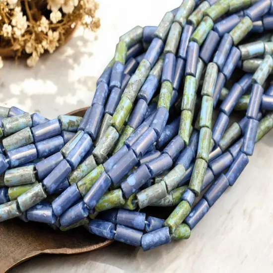 9x4mm Aged Wampum Blue Turquoise Picasso Bugle Bead Mix (21" Strand) {2}