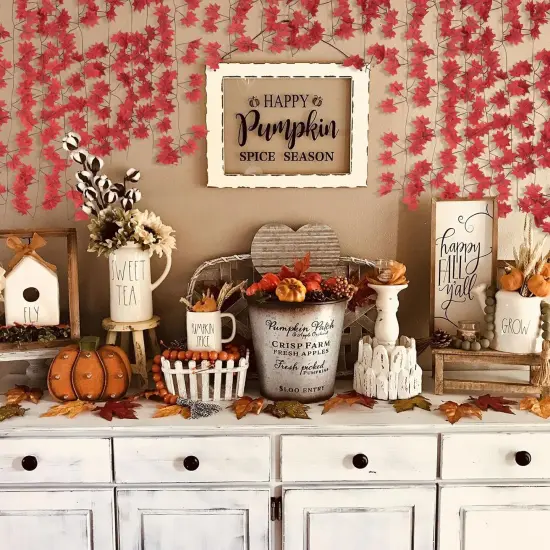 14 Pack 98Ft Fall Leaf Garland, Hanging Vines Artificial (Red Brown) {4}