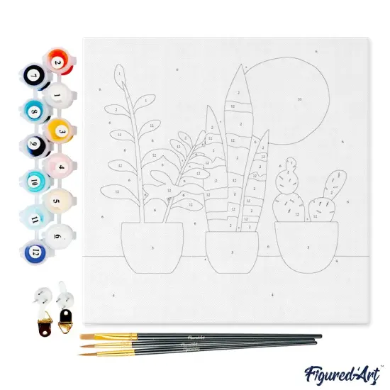 Figured'Art Mini Paint by Numbers Kit for Adults with Frame Three plant pots Small format 8"x8" - Craft Art Painting DIY Canvas Already Stretched on a Wooden Frame {4}