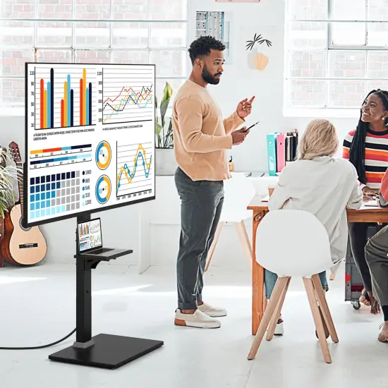 Black MDF Metal Adjustable Floor TV Stand with Power Ports and AV Shelf {4}